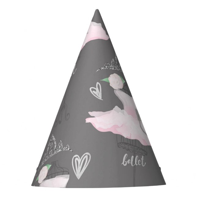 Pink & Grey Couture Ballerina Birthday Party Party Hat (Front)