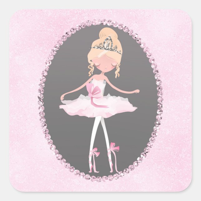 Pink & Grey Couture Ballerina Birthday Party Square Sticker (Front)
