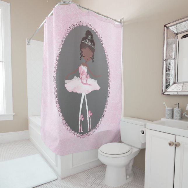 Pink & Grey Couture Ballerina Dark Ethnic Chic Shower Curtain (In Situ)