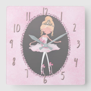 Pink & Grey Couture Ballerina Girls Bedroom Square Wall Clock