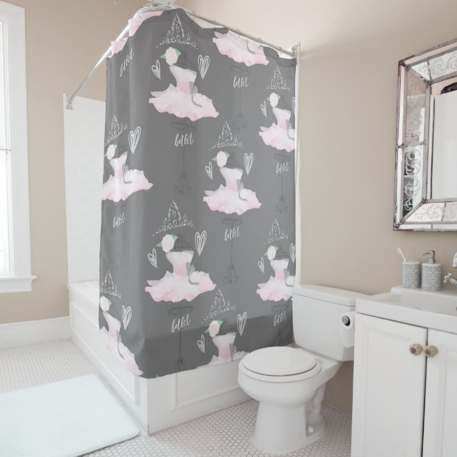 Pink & Grey Couture Ballerina Girls Whimsical Chic Shower Curtain (In Situ)
