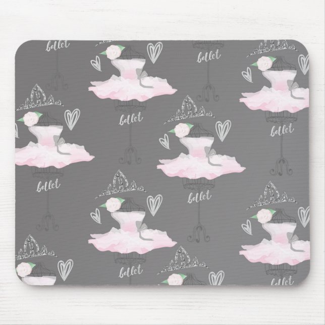 Pink & Grey Couture Ballerina Girls Whimsical Cute Mouse Mat (Front)