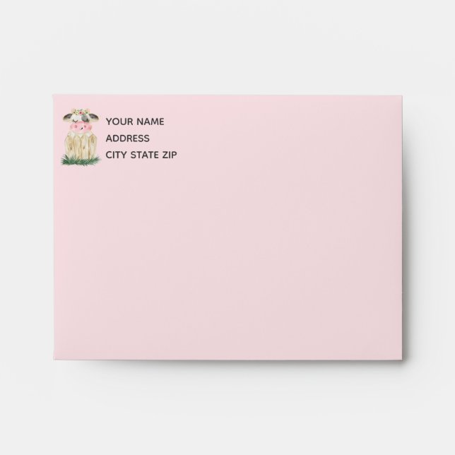 Pink Grey Cow Birthday Party Envelope (Front)