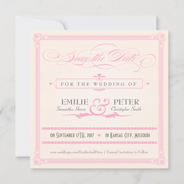 Pink, Grey & Cream Poster Style Save the Date (Front)