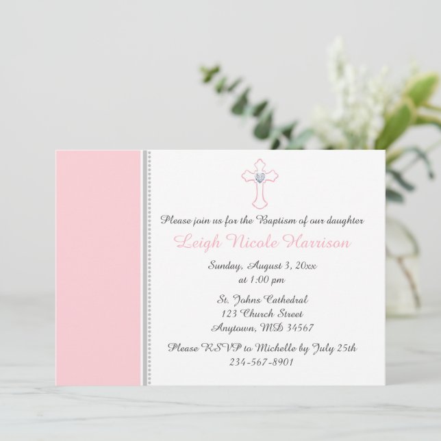 Pink & Grey Cross Baby Girl Baptism Christening Invitation (Standing Front)