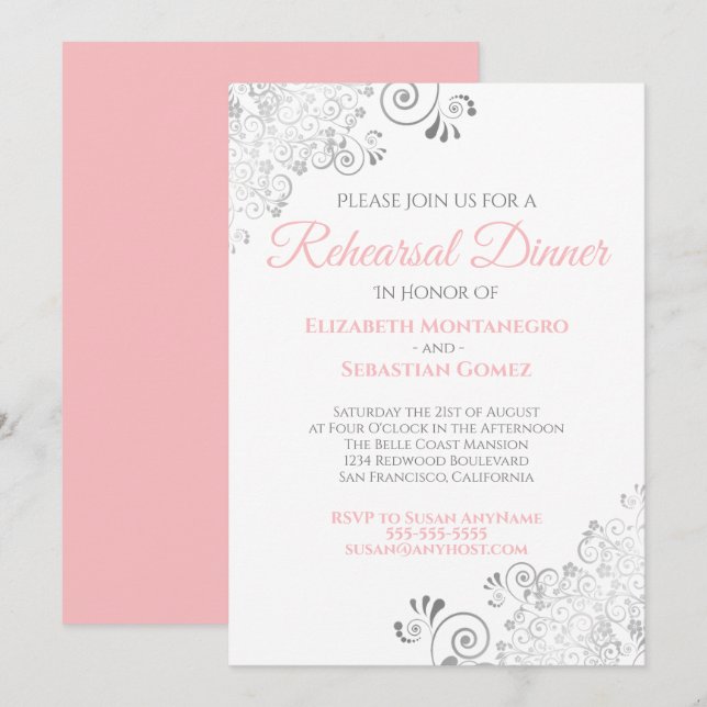 Pink & Grey Curls Wedding Rehearsal Dinner Invitation (Front/Back)