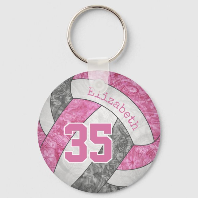 pink grey custom jersey number girly volleyball key ring (Front)