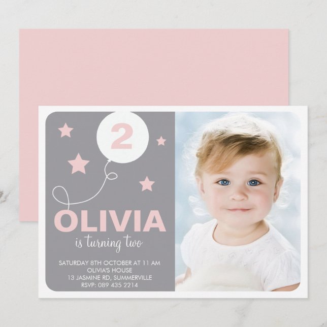 Pink & Grey Cute Dreamer Kids Photo Birthday Invitation (Front/Back)