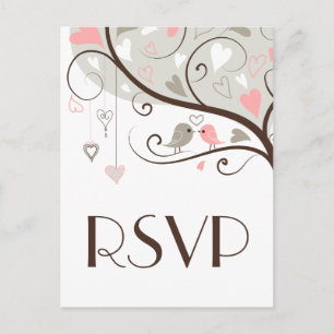 Pink & Grey   Cute Lovebirds Wedding RSVP Postcard