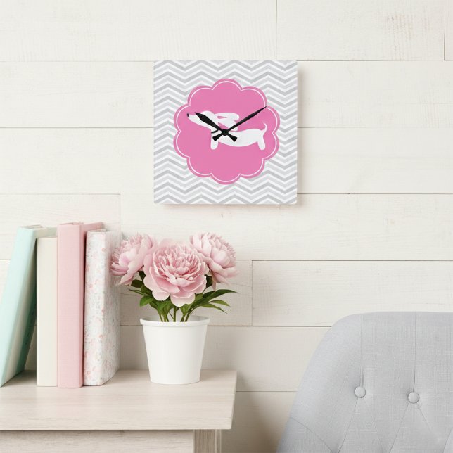 Pink & Grey Dachshund Doxie Nursery Wall Clock (Pink dachshund clock)