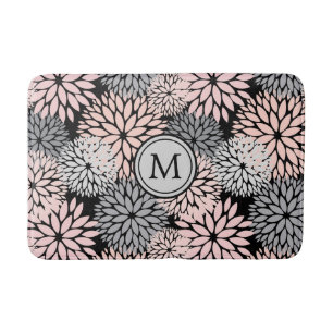 Pink Grey Dahlia Floral Pattern Bath Mat