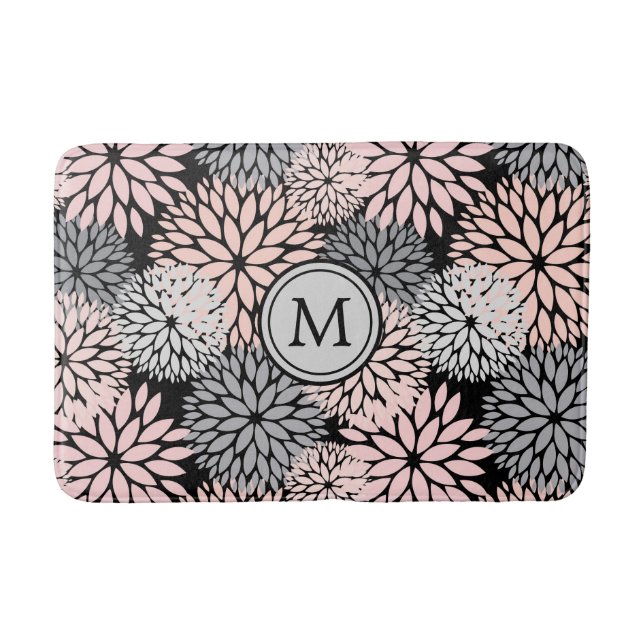 Pink Grey Dahlia Floral Pattern Bath Mat (Front)