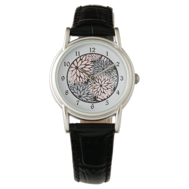 Pink Grey Dahlia Floral Pattern Watch (Front)