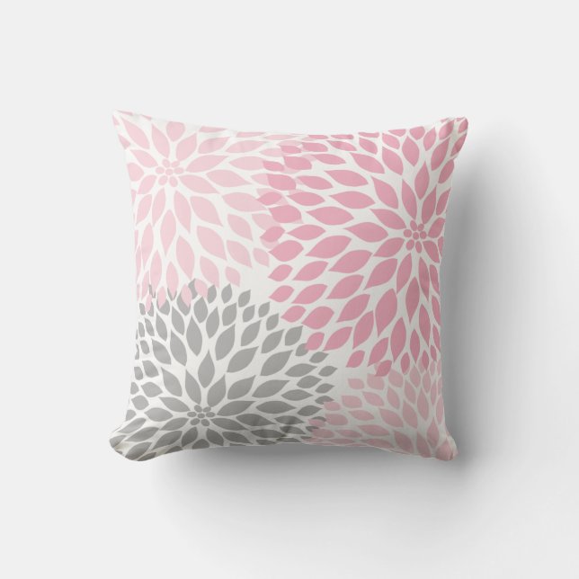 Pink Grey Dahlia floral pillow (Front)