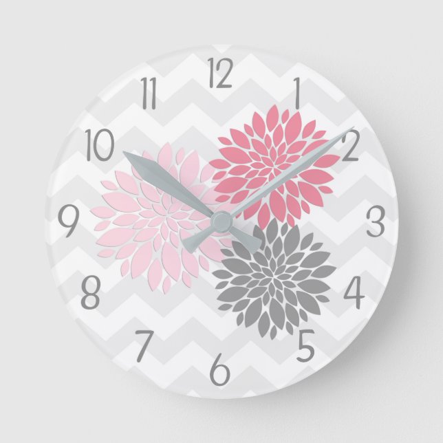 Pink Grey Dahlia Flower Wall Clock (Front)