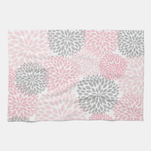 Pink Grey Dahlia Kitchen Tea Towel