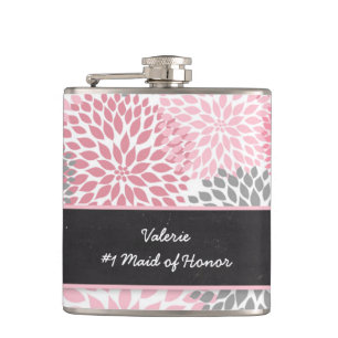 Pink Grey Dahlia Maid of Honour wedding party gift Hip Flask
