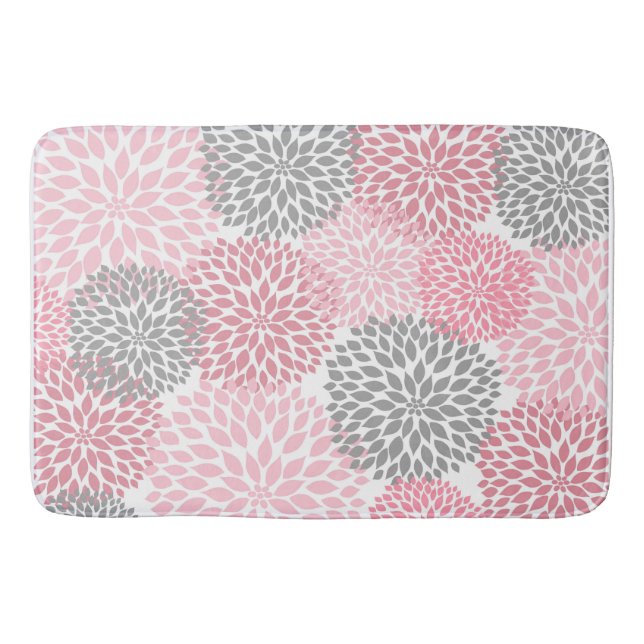 Pink Grey Dahlias Floral flowers blossoms Bath Mat (Front)