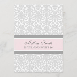 Pink Grey Damask 16th Bithday Party Invitation