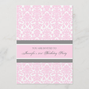 Pink Grey Damask 21st Birthday Party Invitations