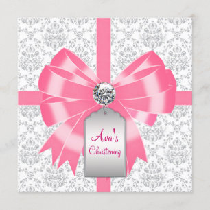 Pink Grey Damask Baby Girl Baptism Christening Invitation
