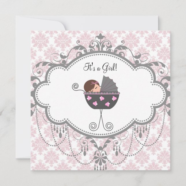 Pink Grey Damask Baby Girl Shower Invitations (Front)