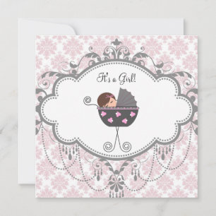 Pink Grey Damask Baby Girl Shower Invitations