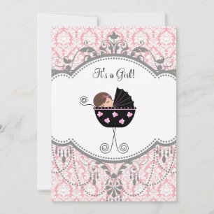 Pink Grey Damask Baby Girl Shower Invitations