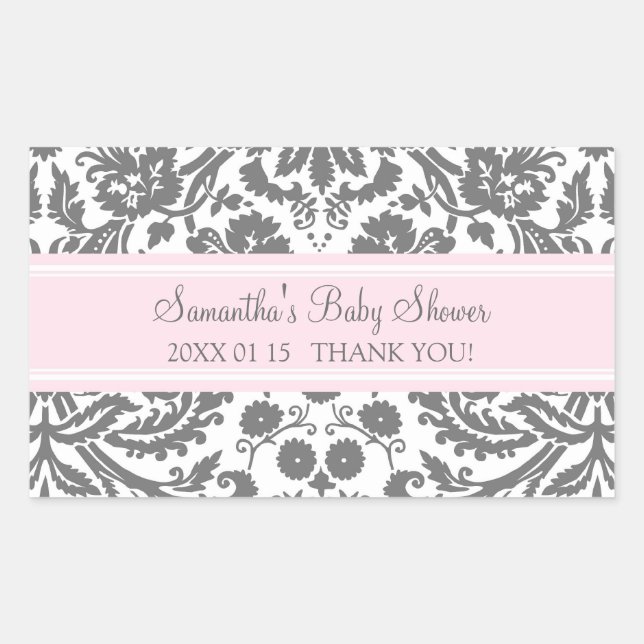 Pink Grey Damask Baby Shower Favour Stickers (Front)