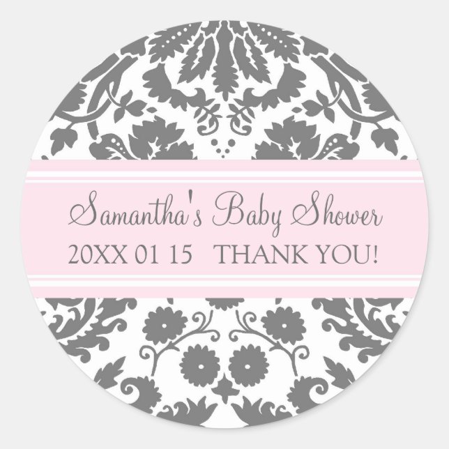 Pink Grey Damask Baby Shower Favour Stickers (Front)