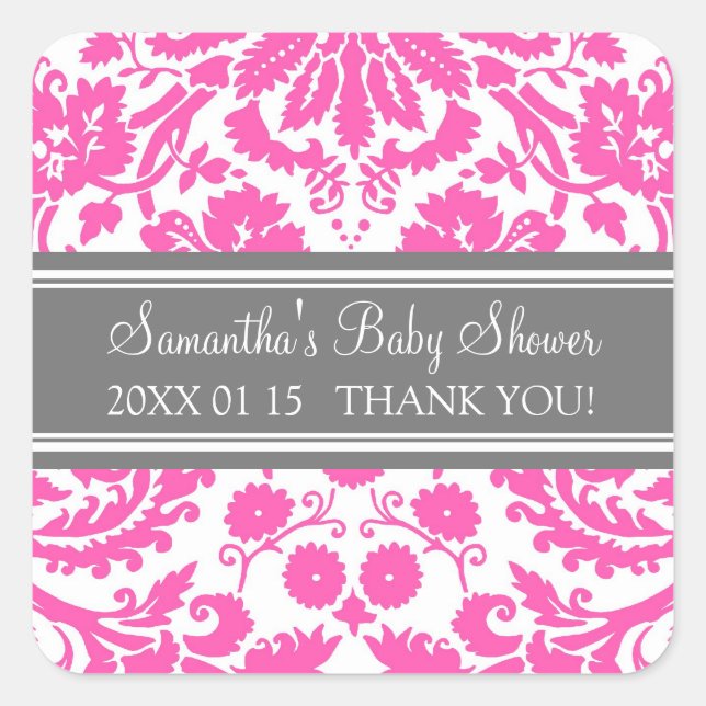 Pink Grey Damask Baby Shower Favour Stickers (Front)