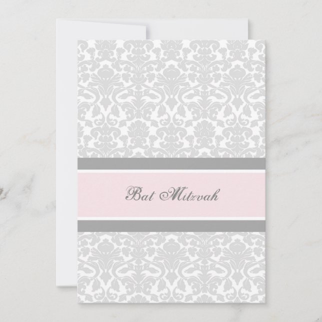 Pink Grey Damask Bat Mitzvah Invitations (Front)