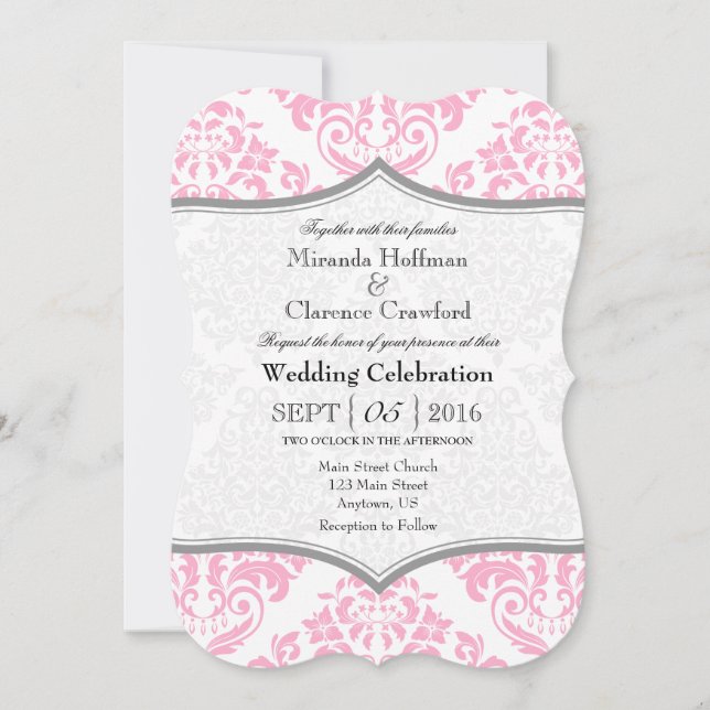 Pink Grey Damask Bracket Wedding Invite (Front)