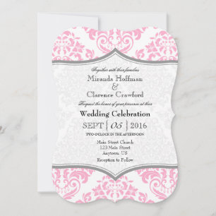 Pink Grey Damask Bracket Wedding Invite