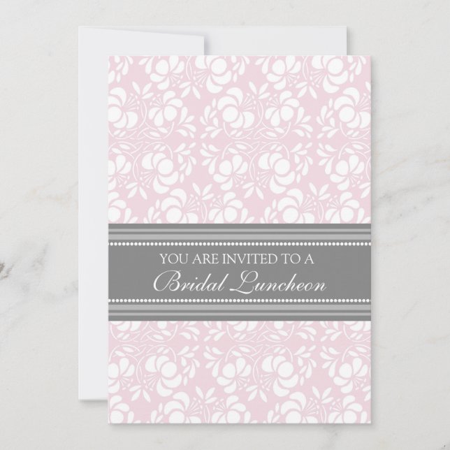 Pink Grey Damask Bridal Lunch Invitation Cards (Front)