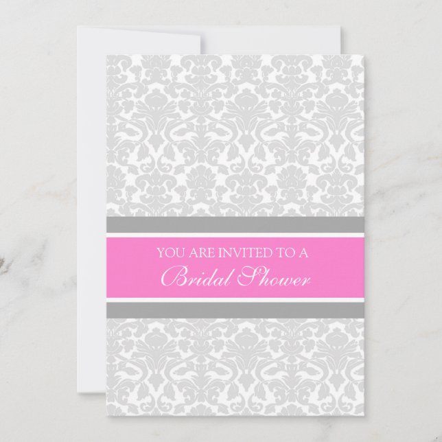 Pink Grey Damask Bridal Shower Invitation Cards (Front)