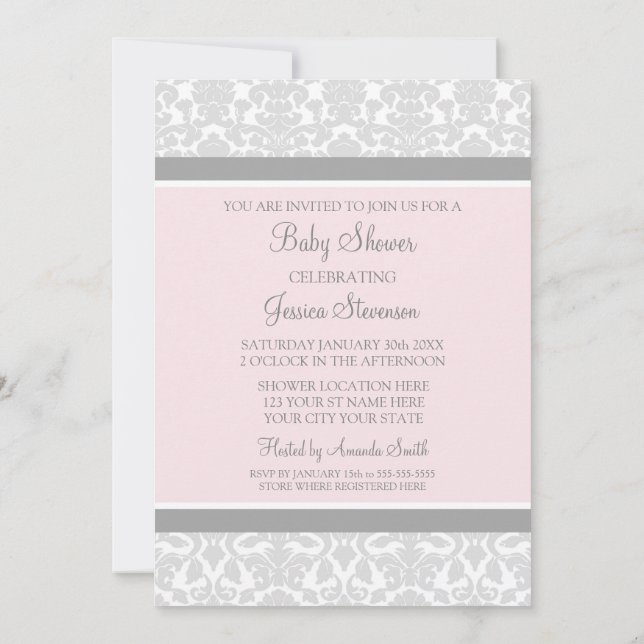 Pink Grey Damask Custom Baby Shower Invitations (Back)
