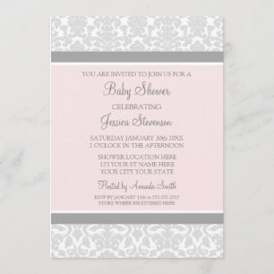 Pink Grey Damask Custom Baby Shower Invitations