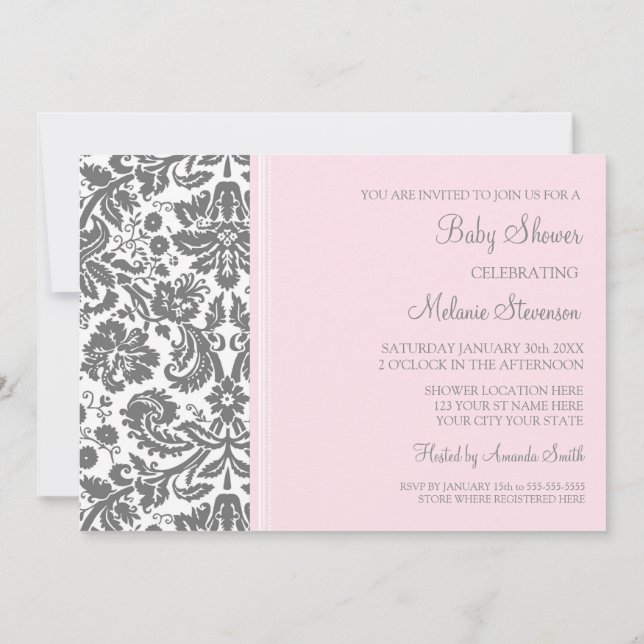Pink Grey Damask Custom Baby Shower Invitations (Back)