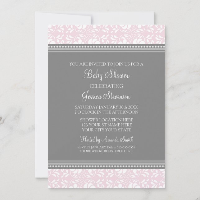 Pink Grey Damask Custom Baby Shower Invitations (Back)