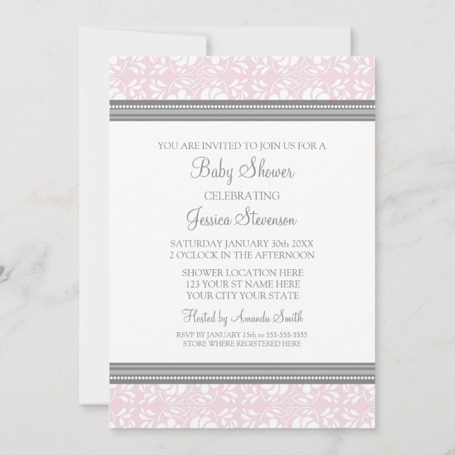 Pink Grey Damask Custom Baby Shower Invitations (Back)