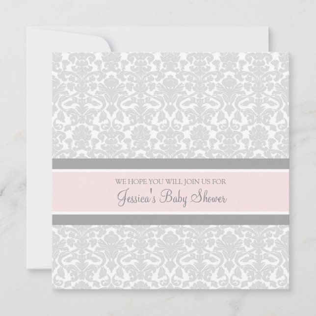 Pink Grey Damask Custom Baby Shower Invitations (Front)