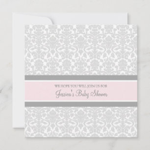 Pink Grey Damask Custom Baby Shower Invitations