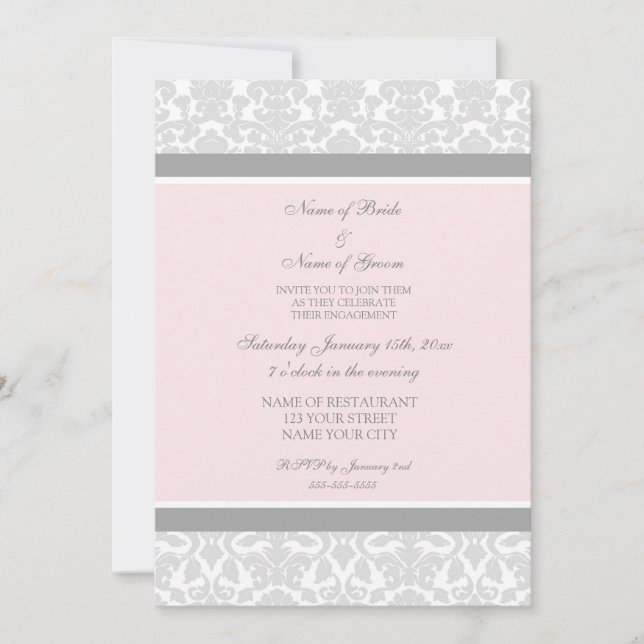 Pink Grey Damask Engagement Party Invitations (Front)