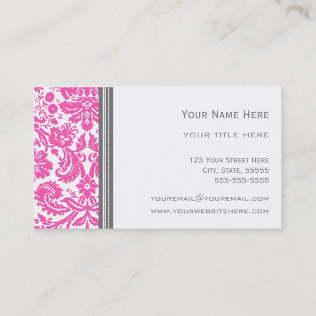 Pink Grey Damask Floral Business Cards (Back)
