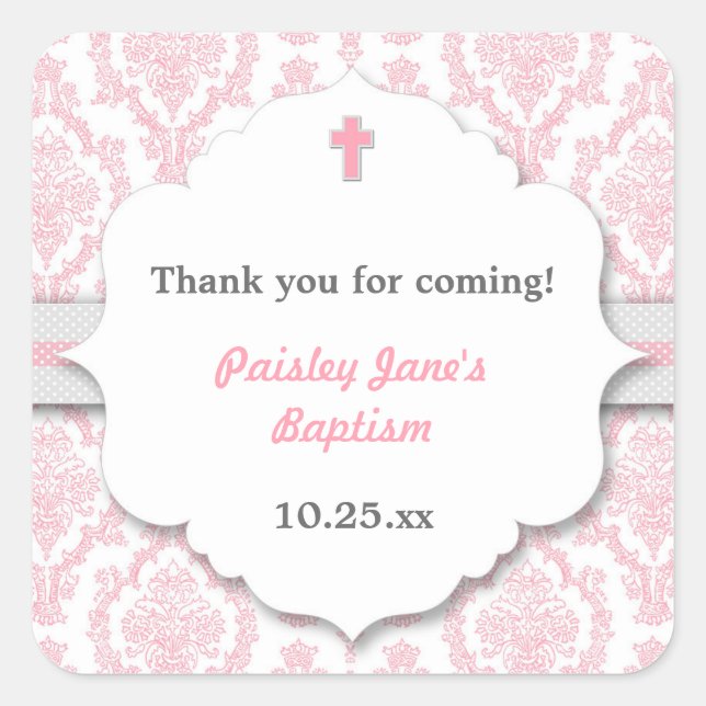 Pink Grey Damask girl Christening Baptism favour Square Sticker (Front)