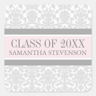 Pink Grey Damask Graduation Custom Year Name Square Sticker