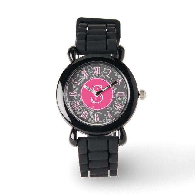 Pink, grey damask graphic monogram girls watch (Front)