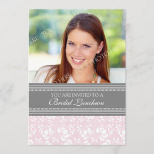 Pink Grey Damask Photo Bridal Luncheon Invitation