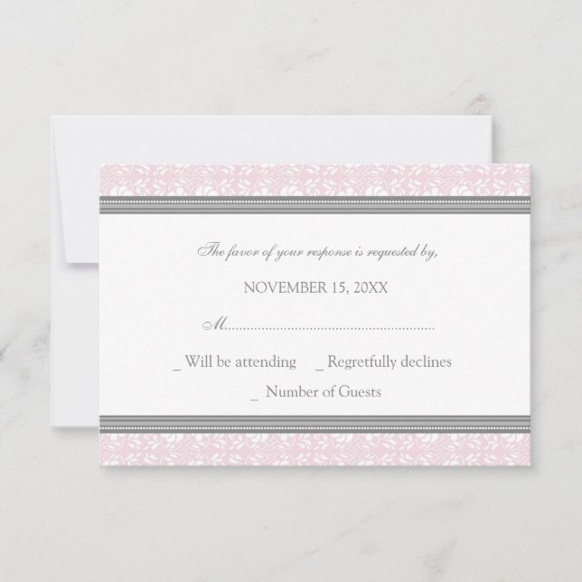 Pink Grey Damask RSVP Wedding Card (Front)